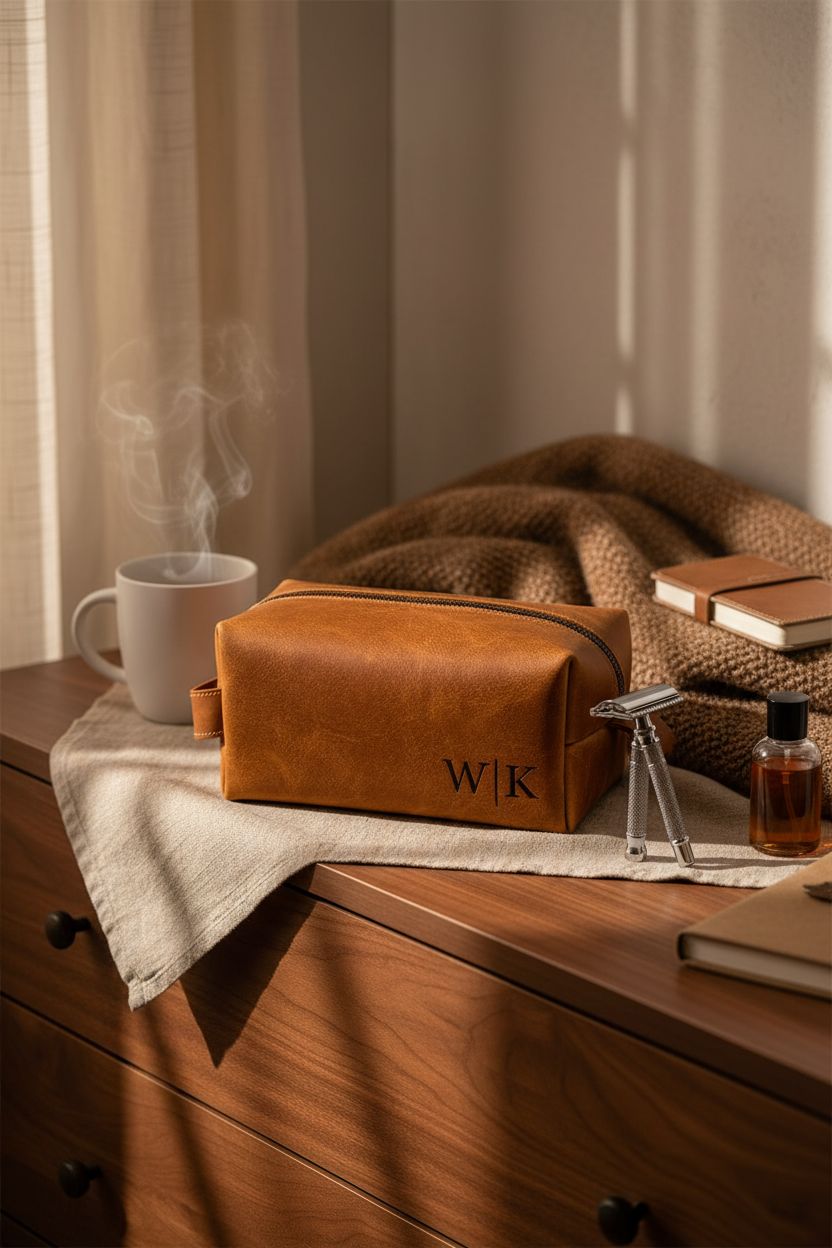 Tan leather dopp kit from Pera Leather on a walnut dresser, creating a cozy and inviting atmosphere.