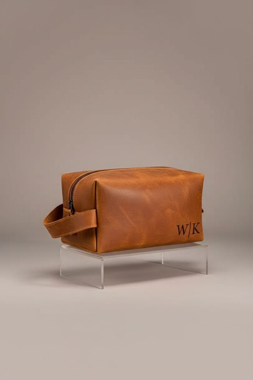 Premium leather toiletry bag by Pera Leather highlighting craftsmanship and customization options.