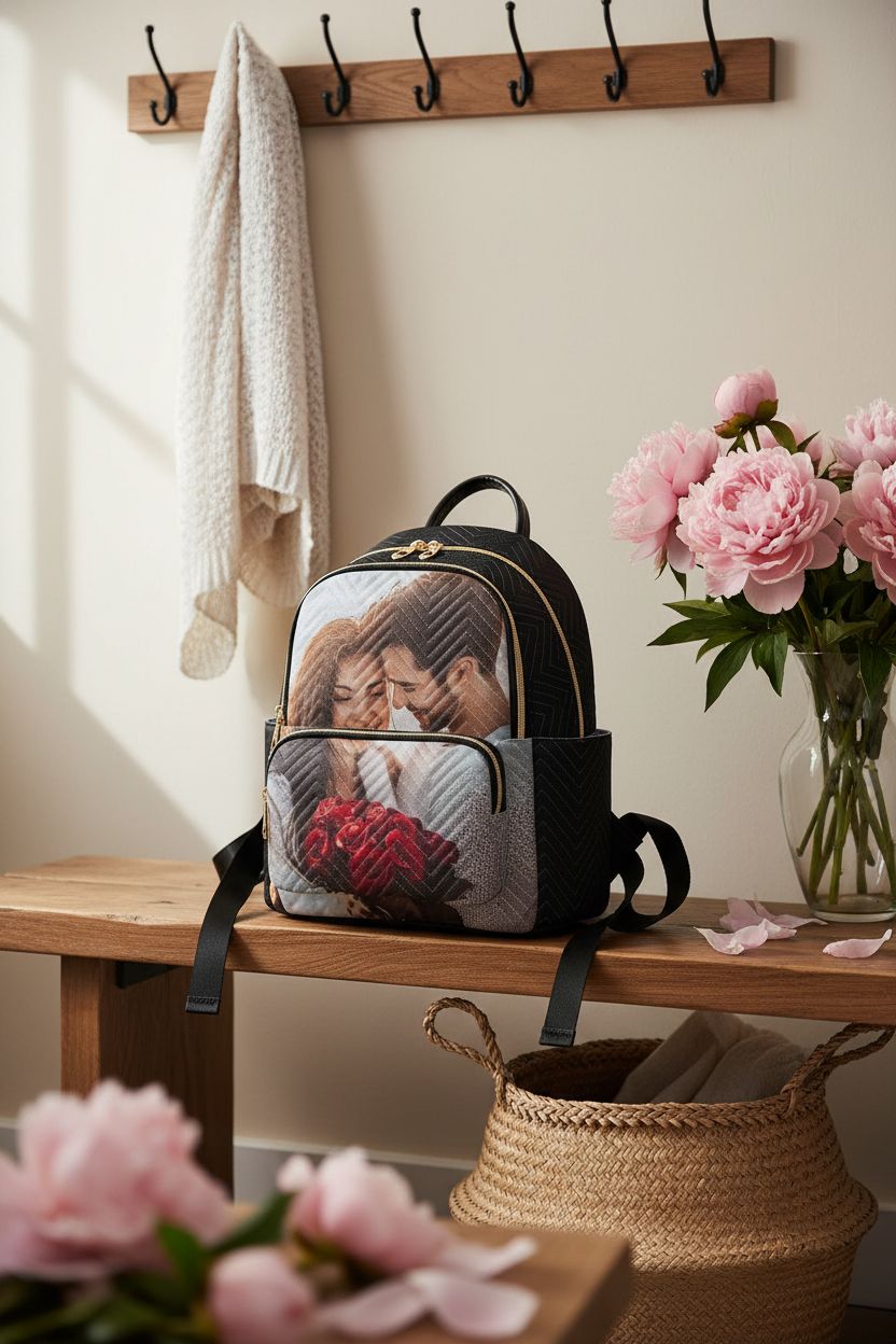 Zwlttyd personalized backpack resting on a bench with peonies, cozy setting