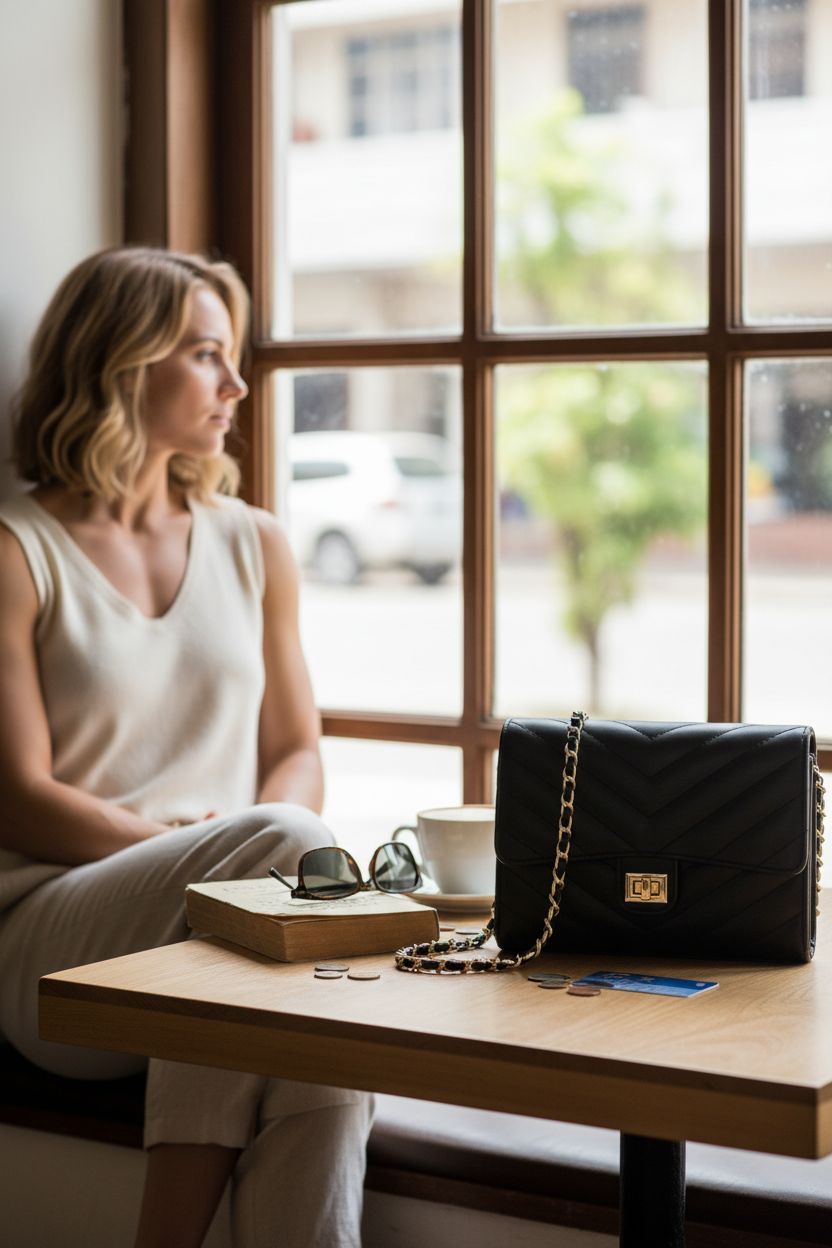 YAZEKOUS crossbody bag resting on a café table, perfect for quick coffee runs and everyday essentials.