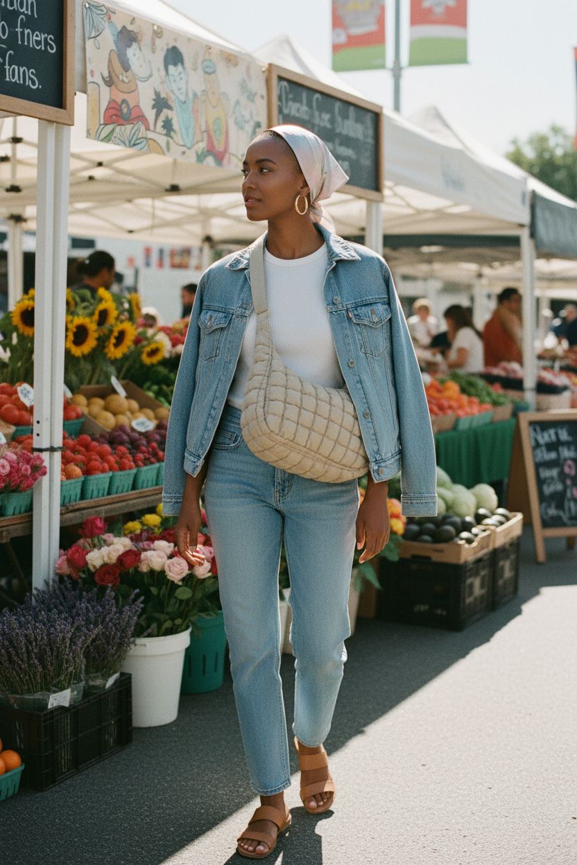 BAGSMART quilted crossbody bag in a sunny farmers market setting, perfect for outings