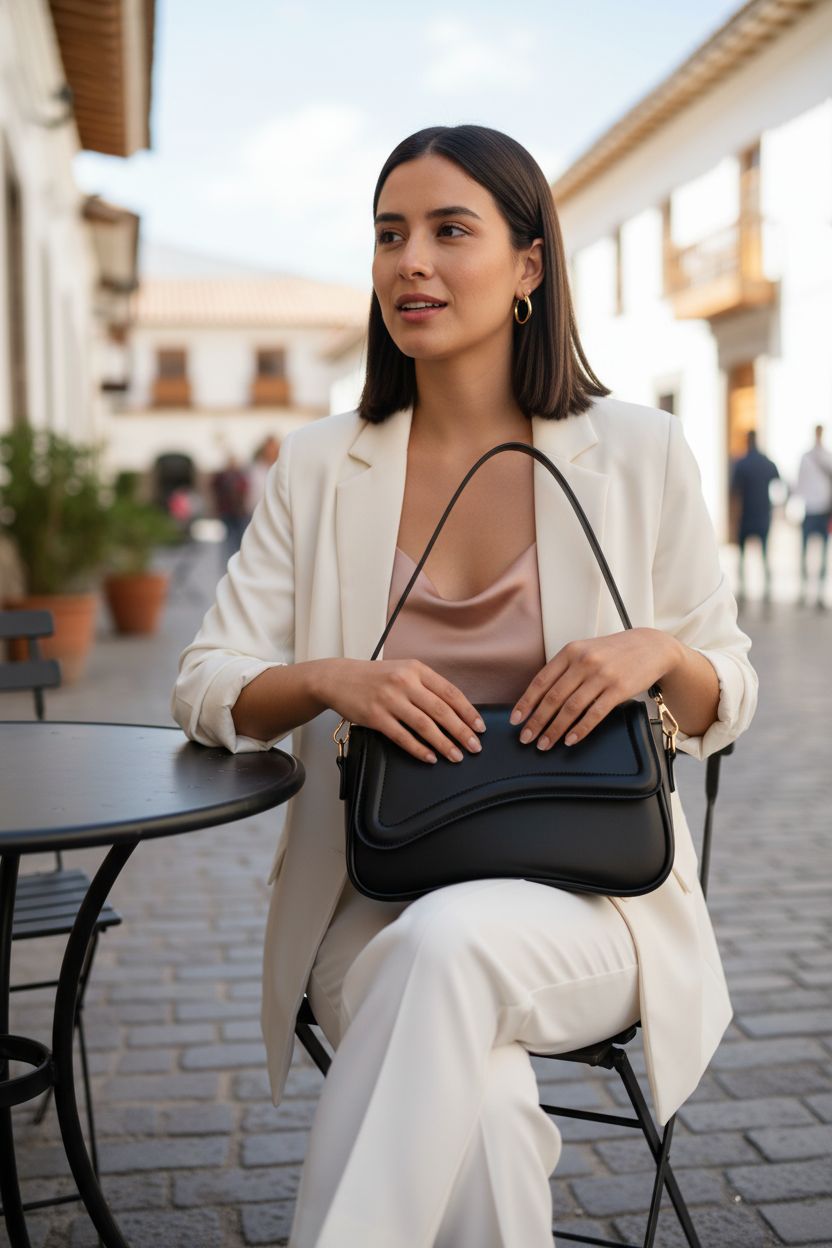 KKXIU cute black hobo shoulder bag showcased outside a café with stylish outfit.