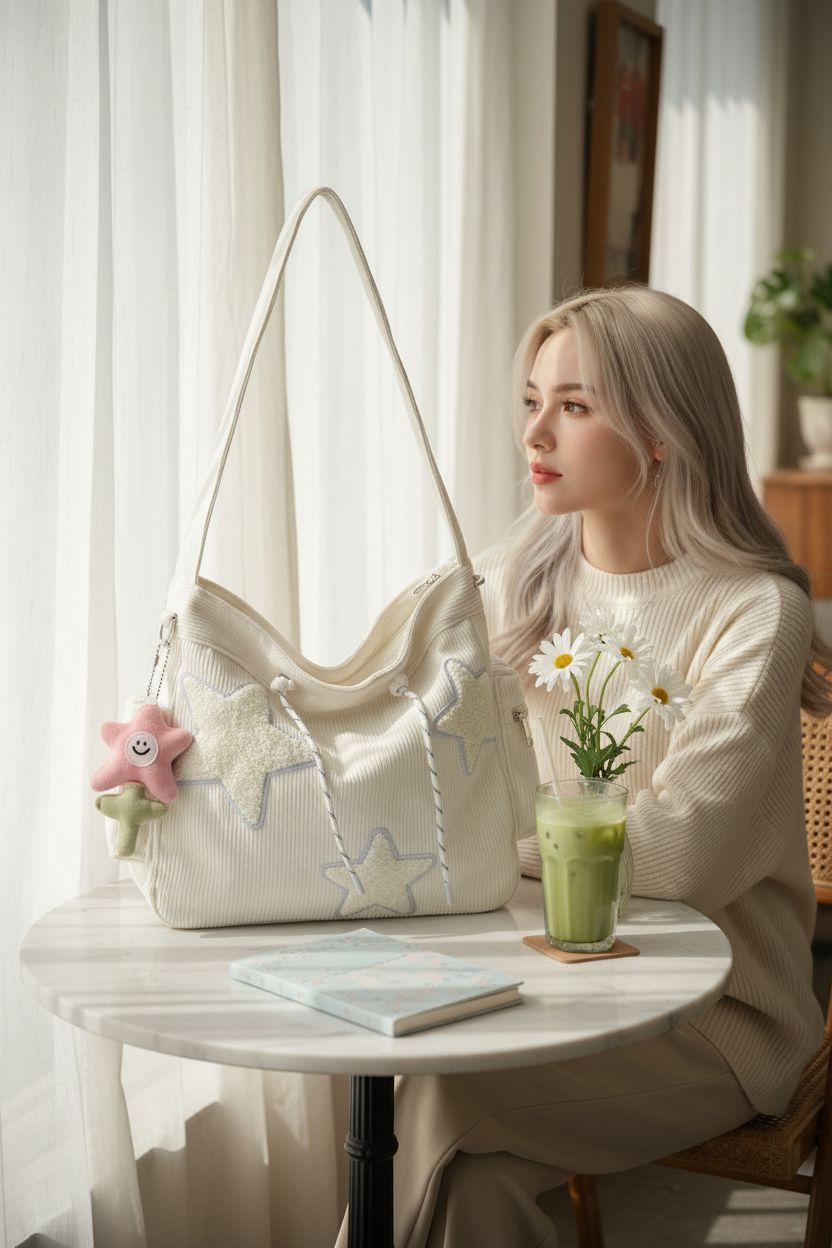 KAMEILONG Star Crossbody Bag resting on a marble table in a sunlit café, emphasizing its cute aesthetic.