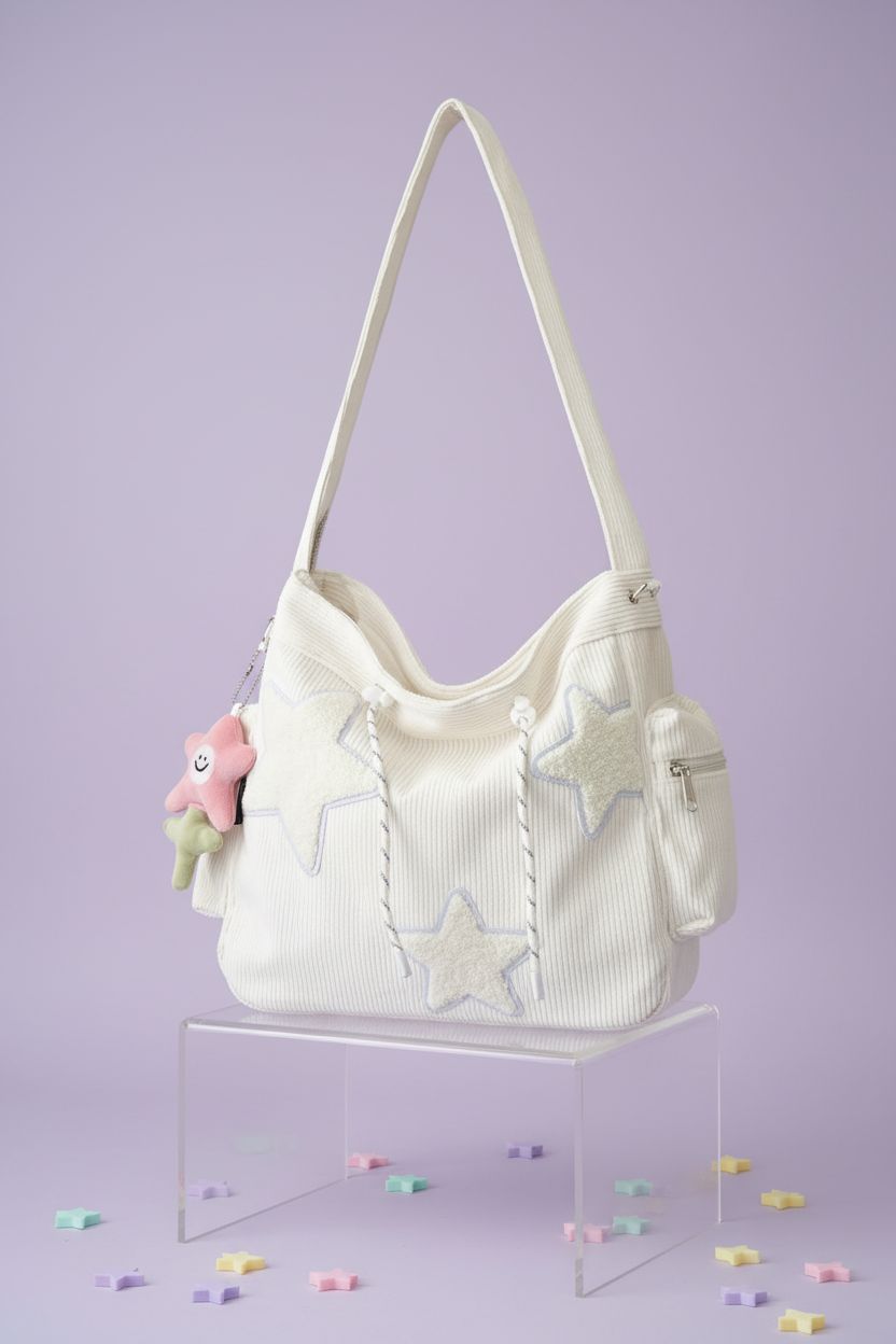 KAMEILONG Star Crossbody Bag displayed on an acrylic stand, showcasing its corduroy texture and star details.