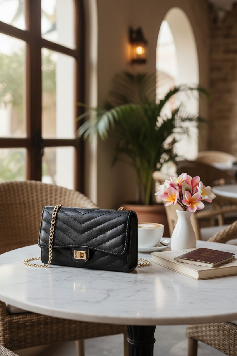 Travel-ready LUXHOT small purse on a marble table with a cappuccino, perfect for cozy cafes.