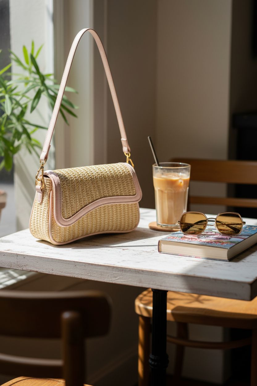 KKXIU straw bag resting on a café table with iced coffee and book