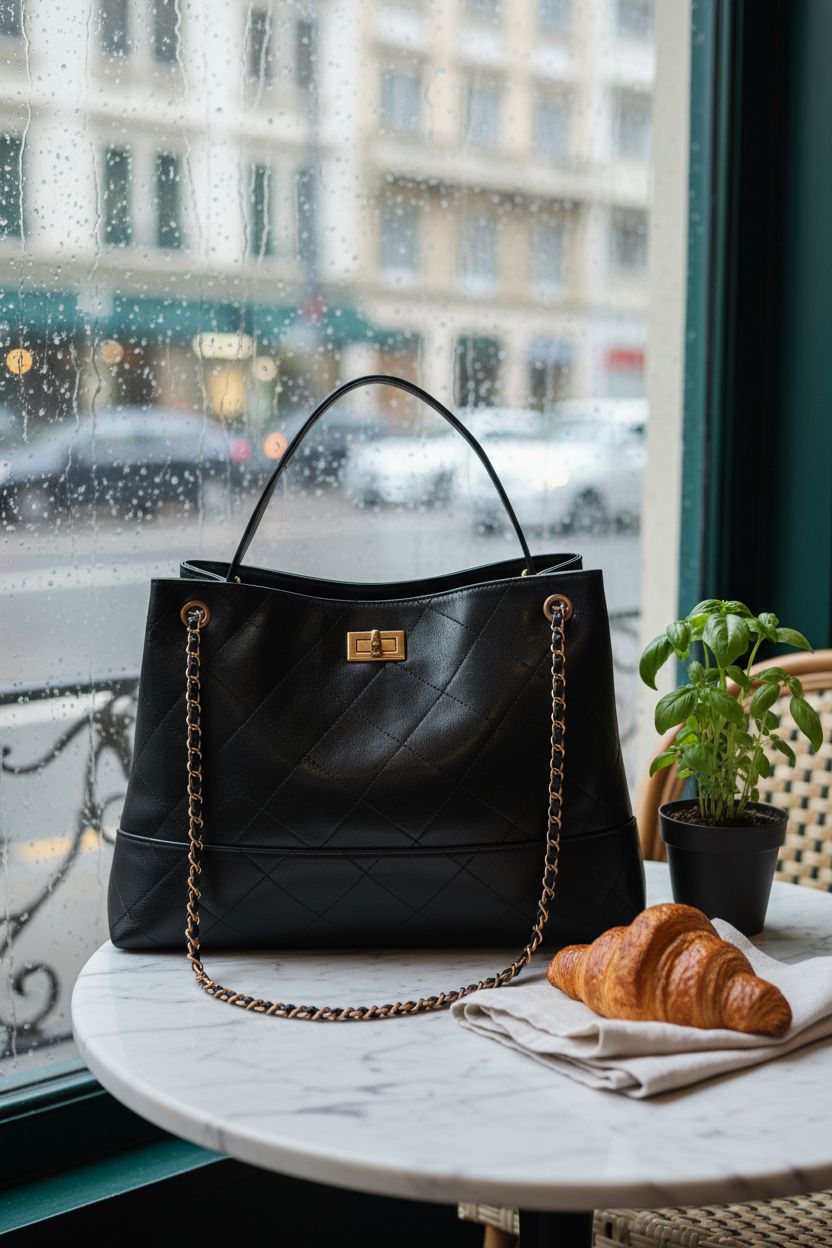Elegant black tote bag by Vhitler, set on a marble table in a cozy café ambiance.