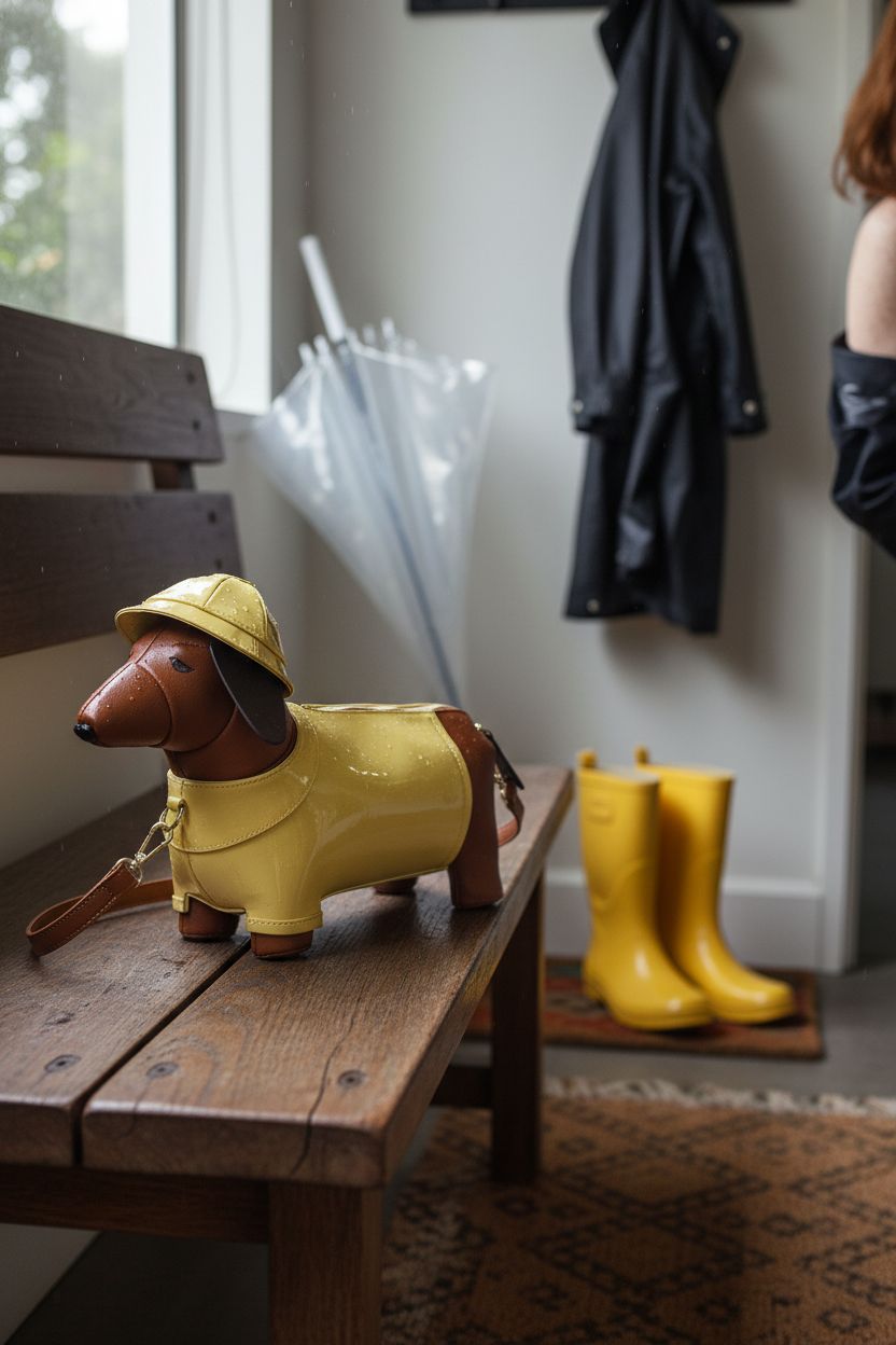 Dachshund purse resting on an oak bench after a rainy walk, showcasing its glossy design and charm.