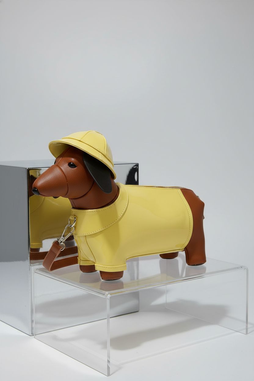 Close-up of dachshund dog crossbody purse in yellow patent leather, highlighting its unique design.