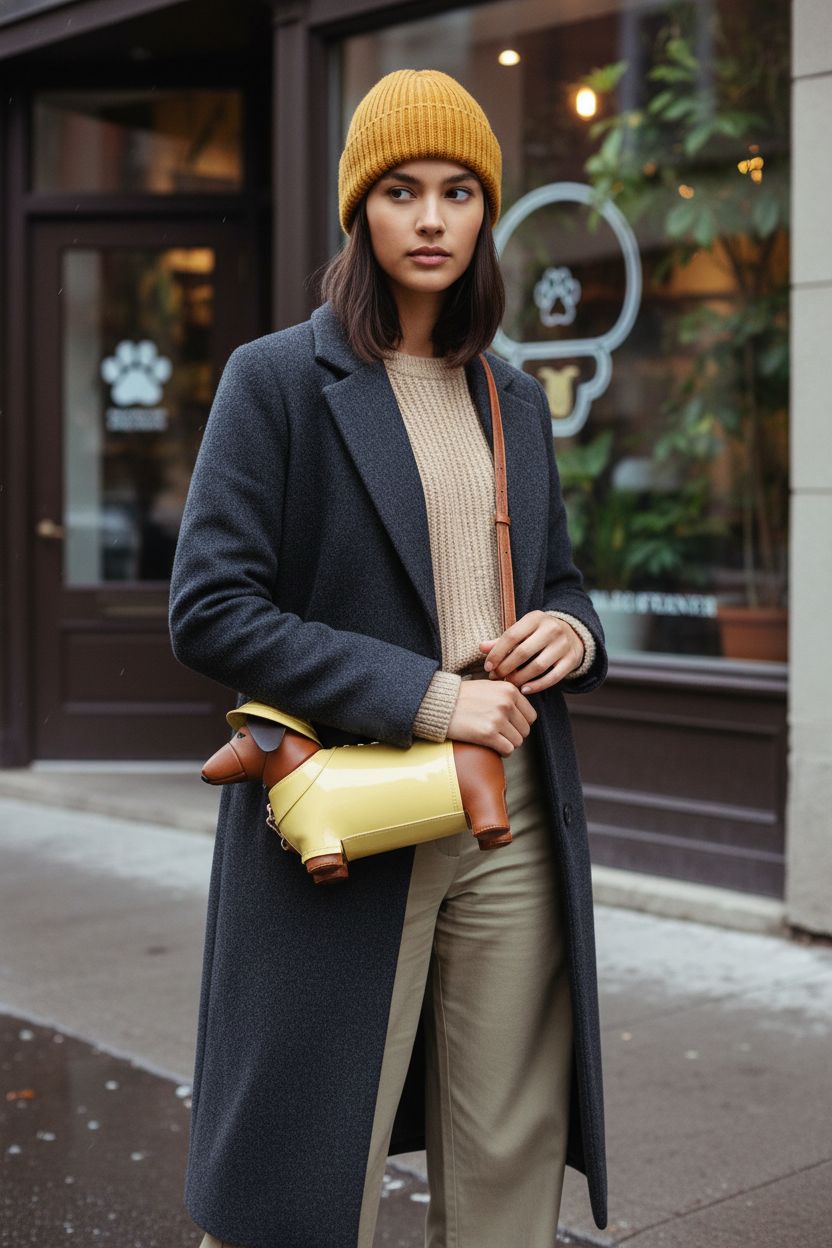 Stylish dachshund crossbody purse with yellow raincoat design, perfect accessory for dog lovers.