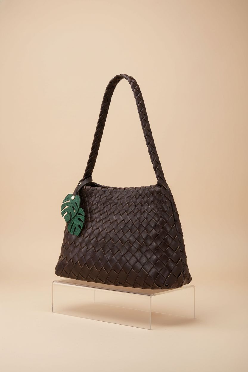 Close-up of frrbuu dark brown woven leather handbag on an acrylic riser, highlighting craftsmanship.