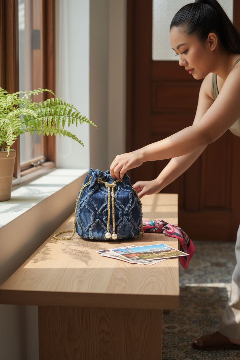 Waaqkid denim bucket bag placed on oak bench with travel postcards and plant