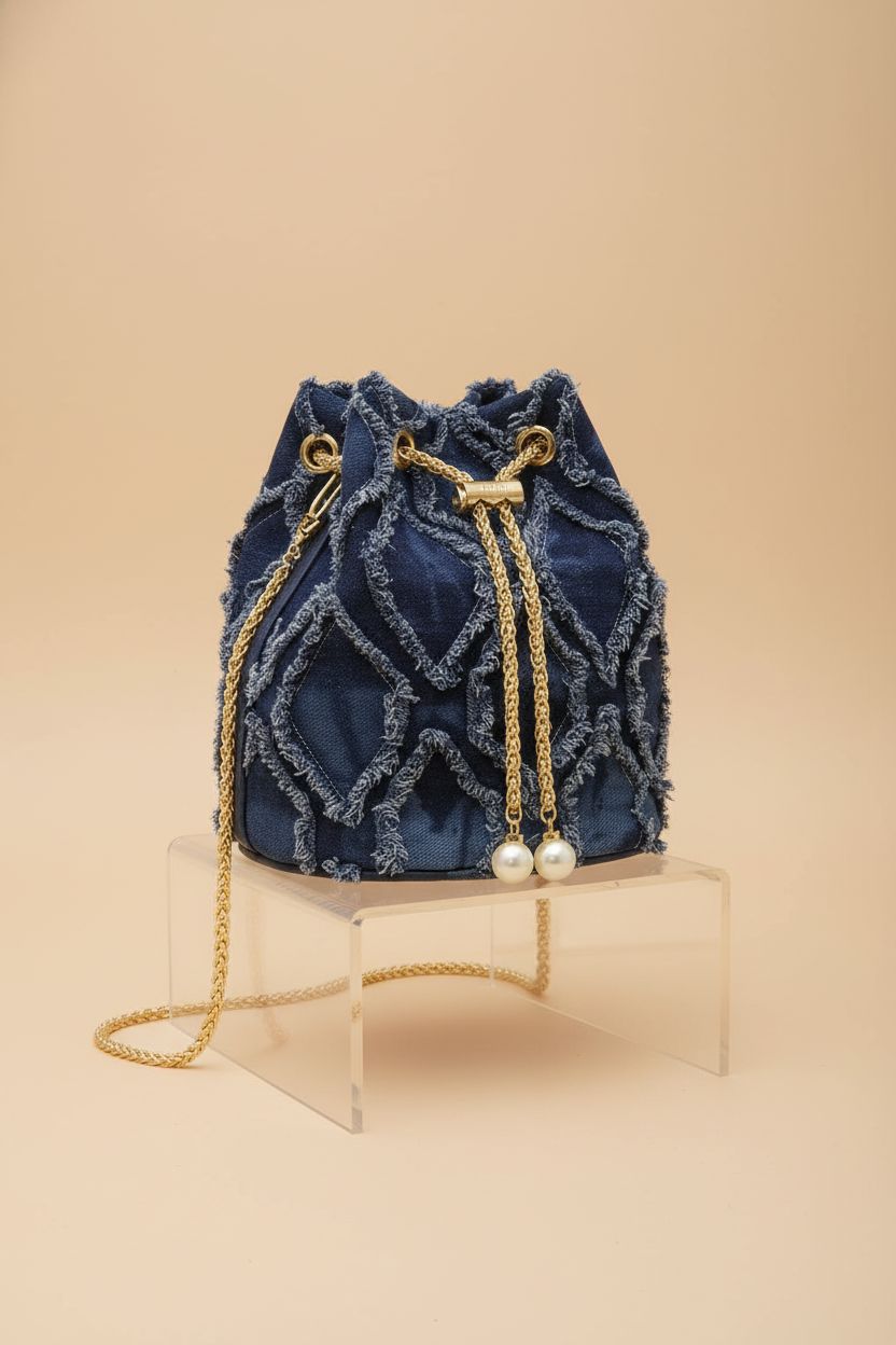 Close-up of Waaqkid denim quilted bucket bag highlighting stitching and gold hardware