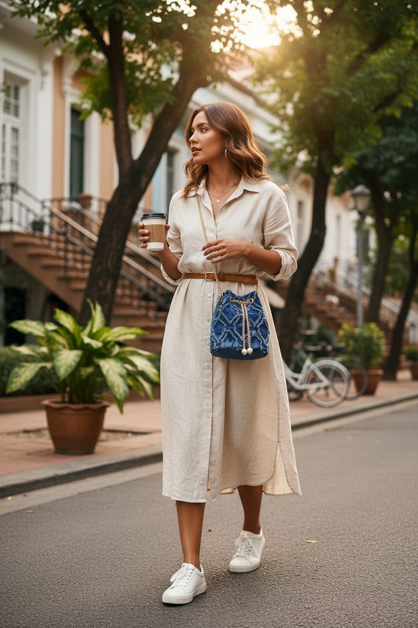 Waaqkid denim quilted bucket bag worn crossbody with casual outfit in a sunny setting