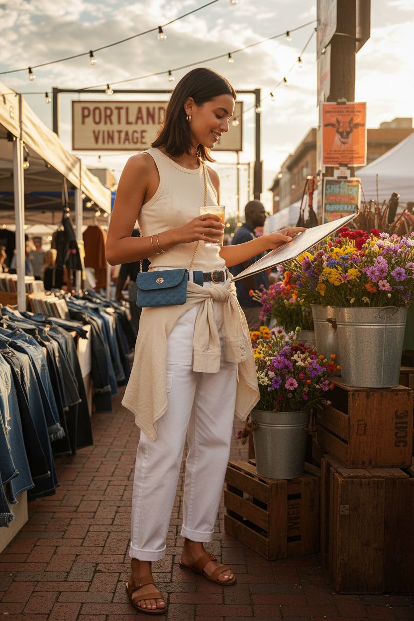 Sluxa denim mini bag worn crossbody while browsing at a street market.