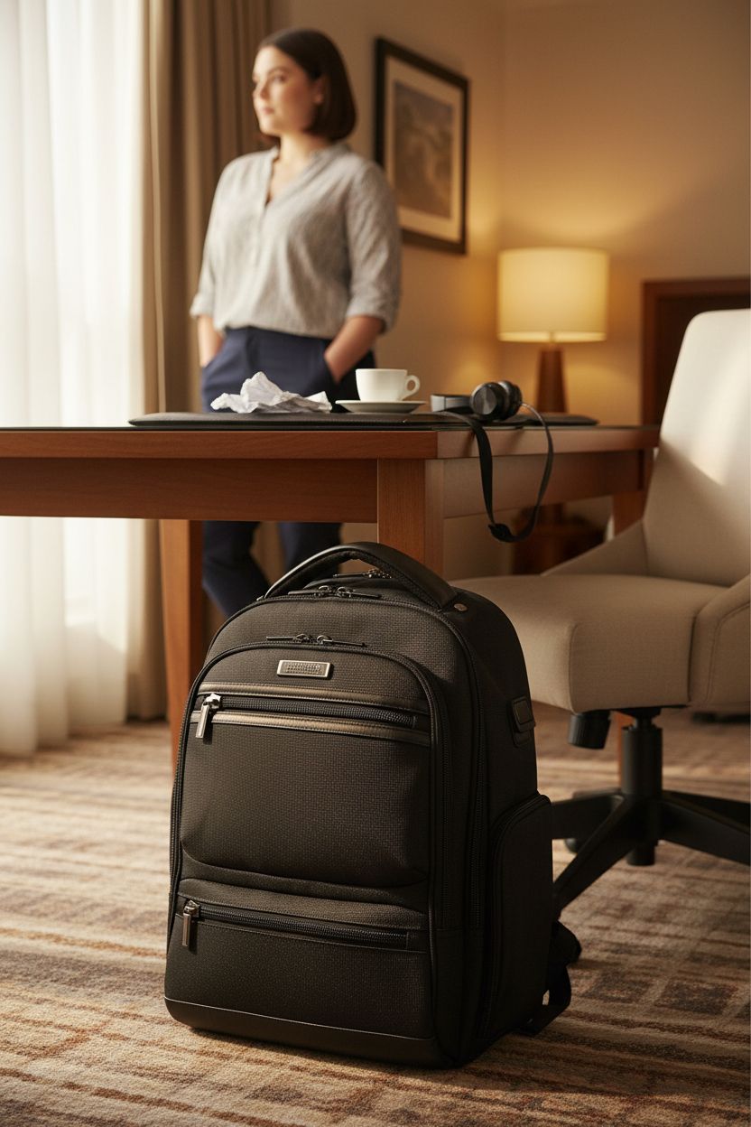 Kenneth Cole Reaction ProTec Backpack in hotel room, stylishly organized beside a desk, ideal for business trips.