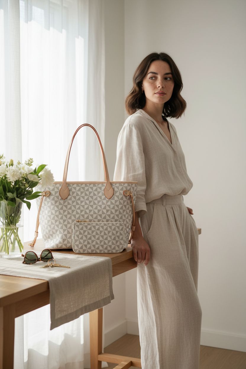 Lacel Urwebin tote resting on a console with flowers, exuding a calm and stylish vibe for everyday use.