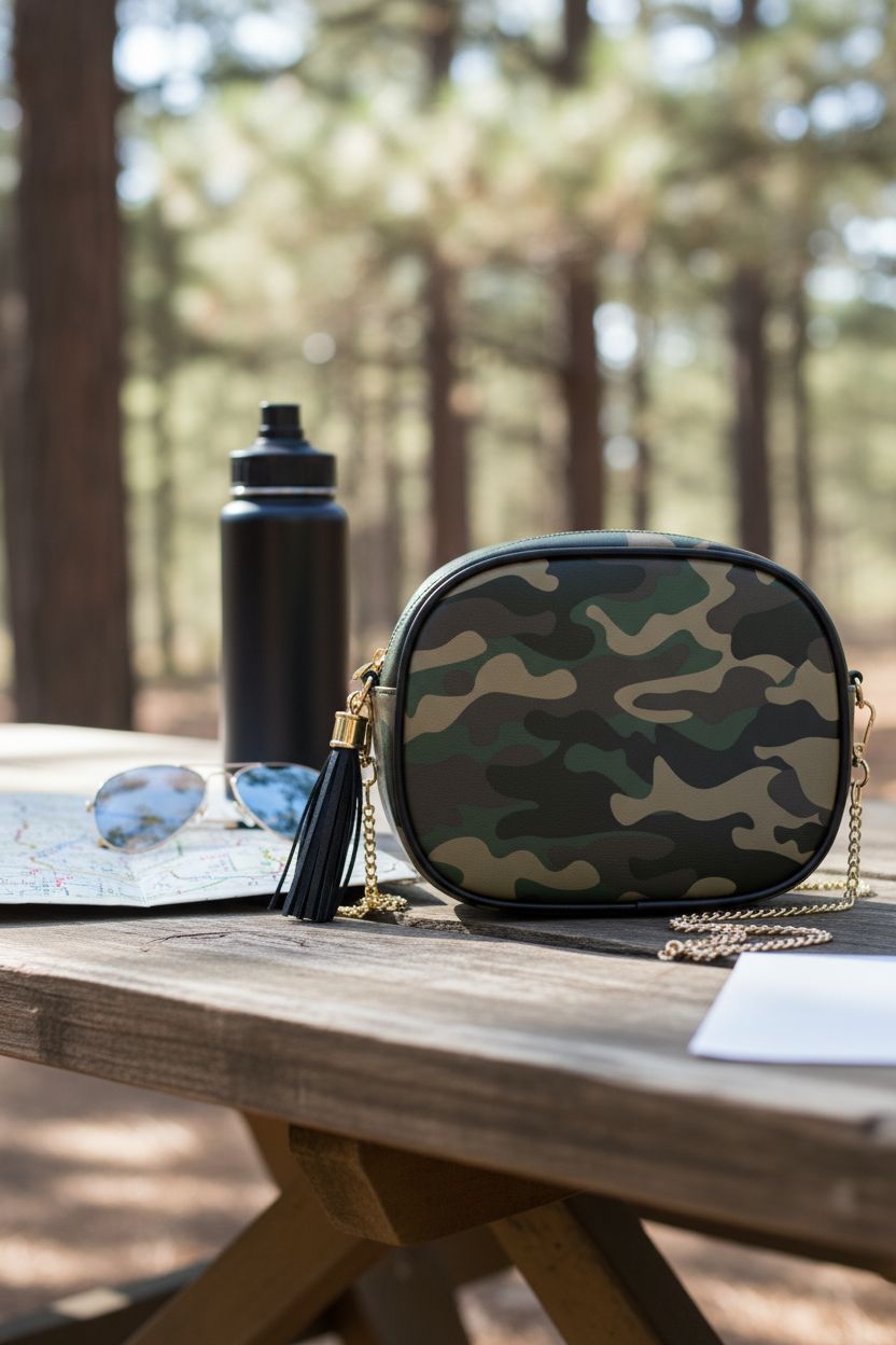 ALAZA camo purse on a picnic table with a trail map and sunglasses, outdoors.