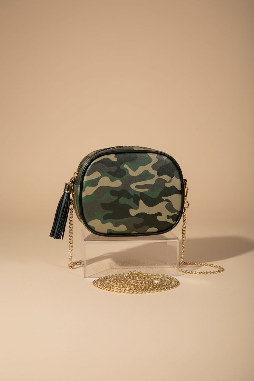 Close-up of ALAZA camo purse highlighting PU leather and gold hardware.