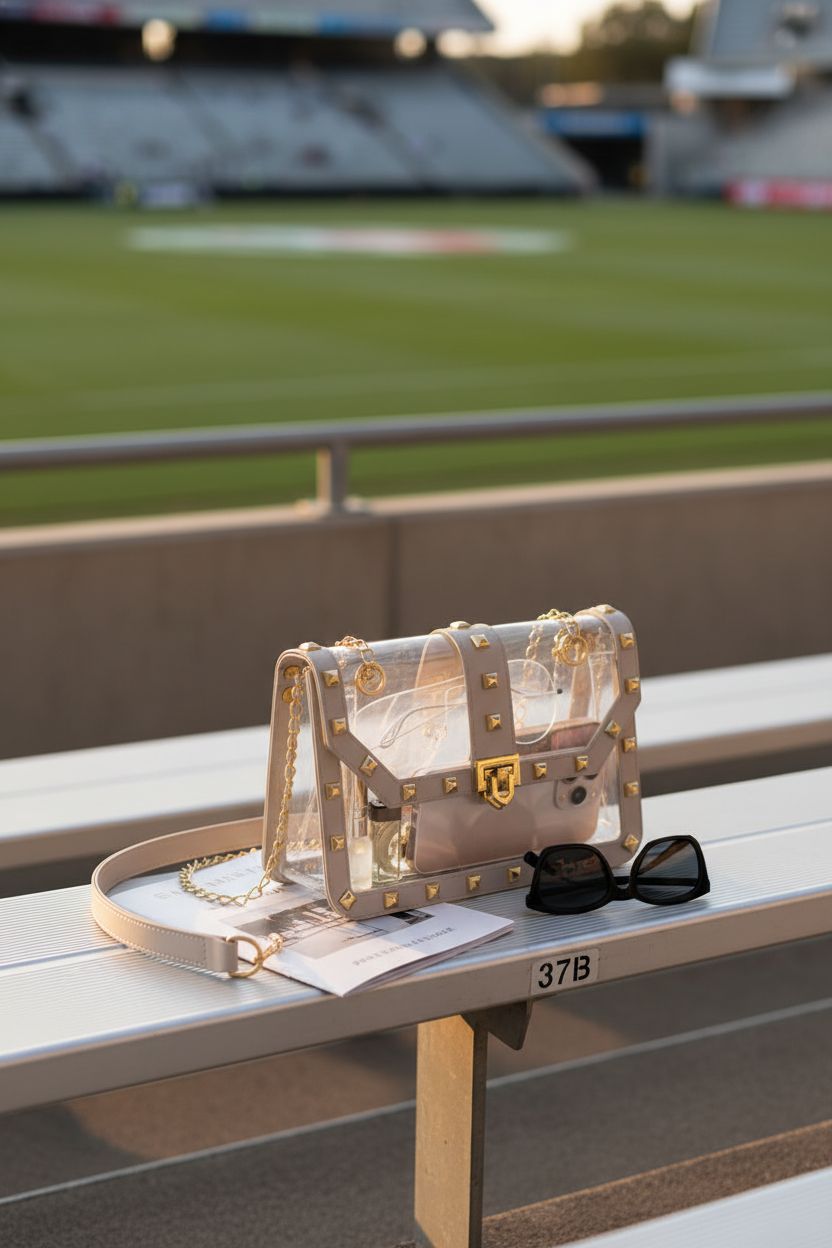 Missnine transparent crossbody bag resting on bleachers, perfect for sporting events.
