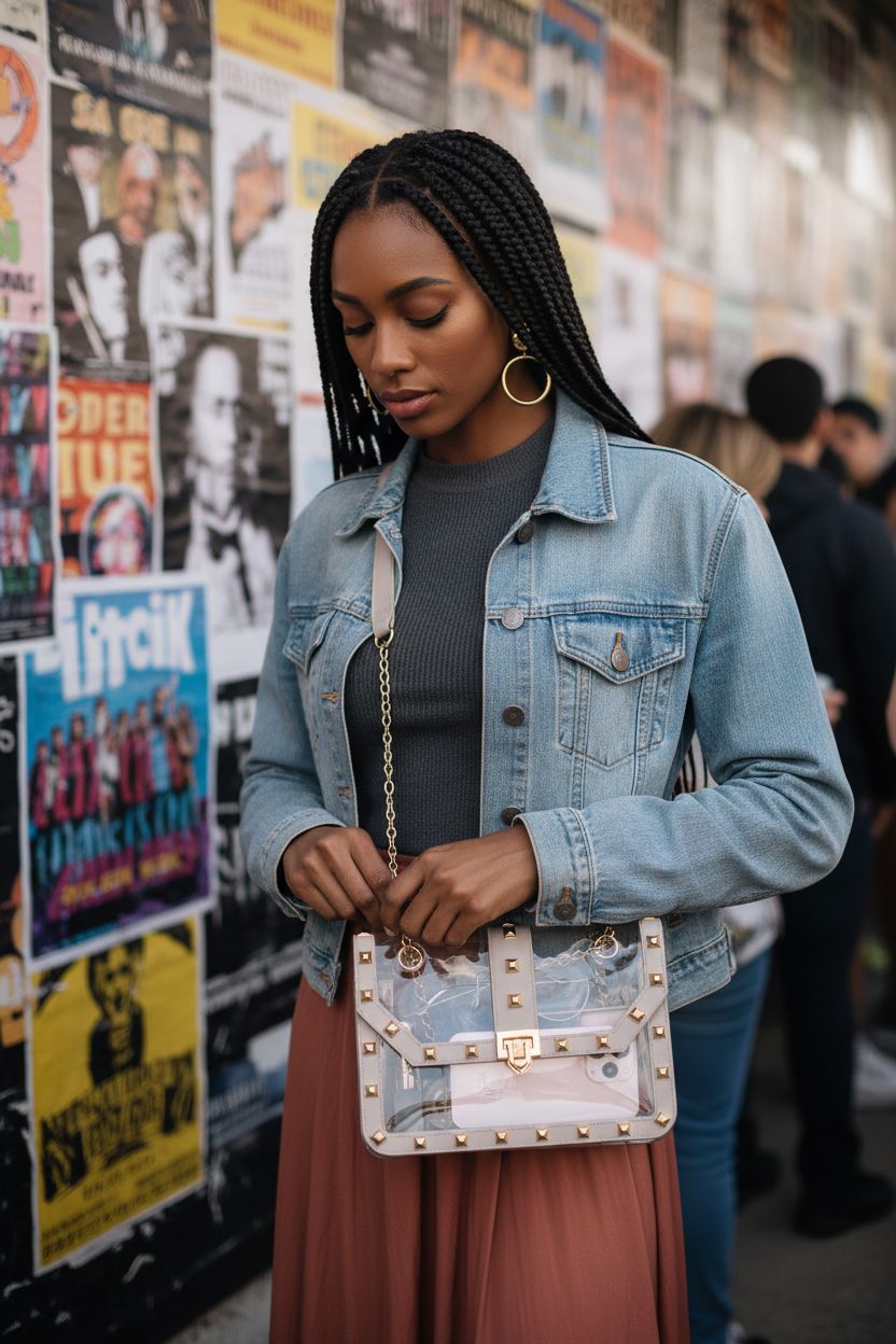 Missnine designer clear bag displayed with beige trim and gold studs, perfect for concerts.