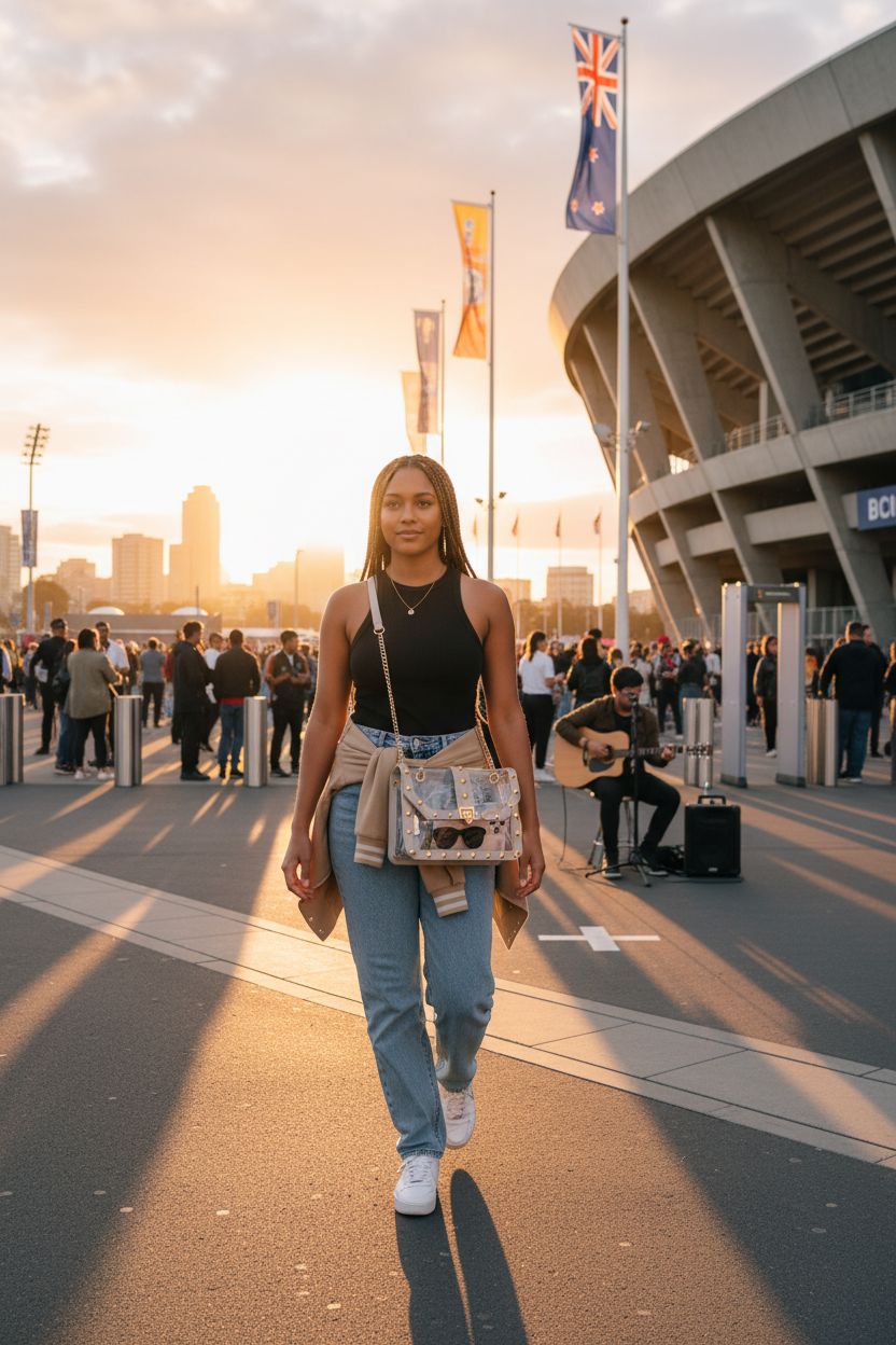 Missnine clear crossbody bag showcased in sporty-chic style near a modern stadium.
