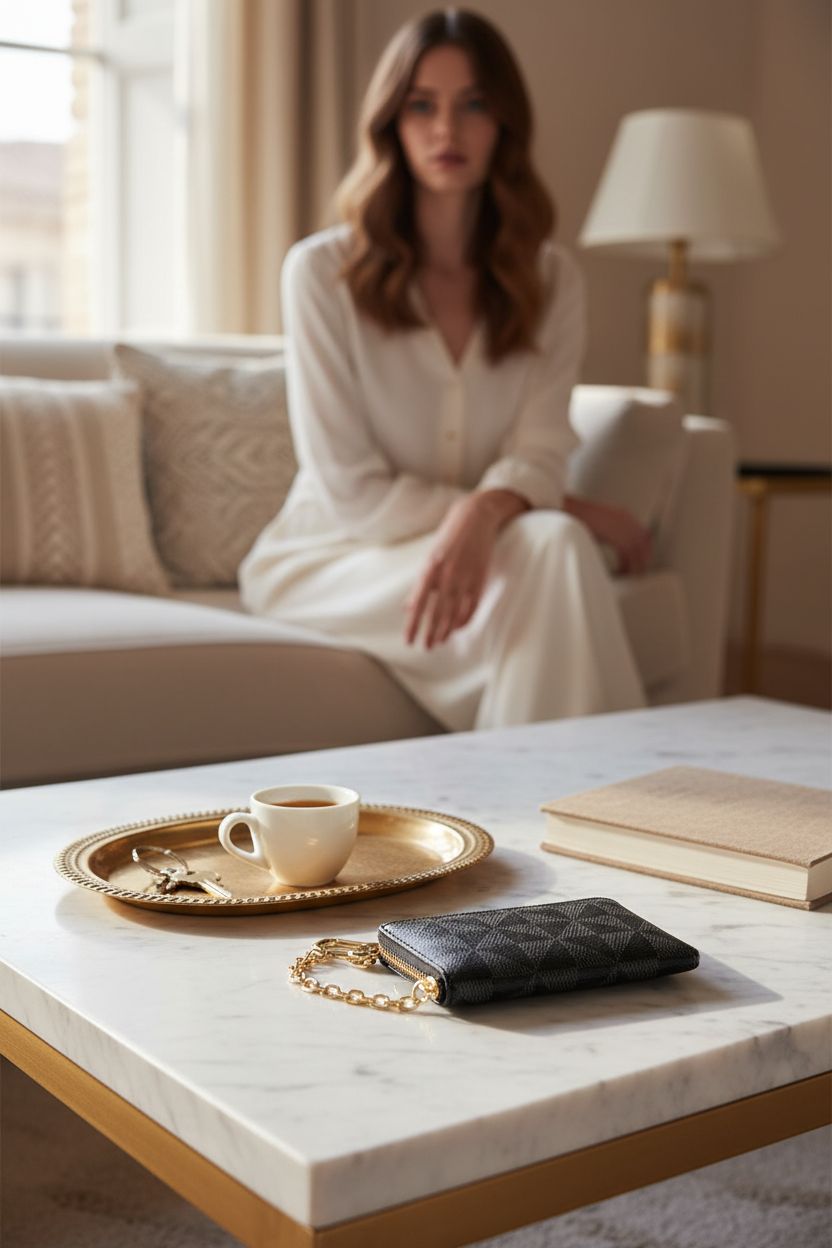 Elegant leather coin purse by MOCCNT on a marble coffee table, creating a cozy atmosphere