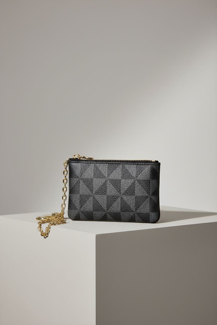 Close-up of MOCCNT black leather coin purse highlighting its craftsmanship and design