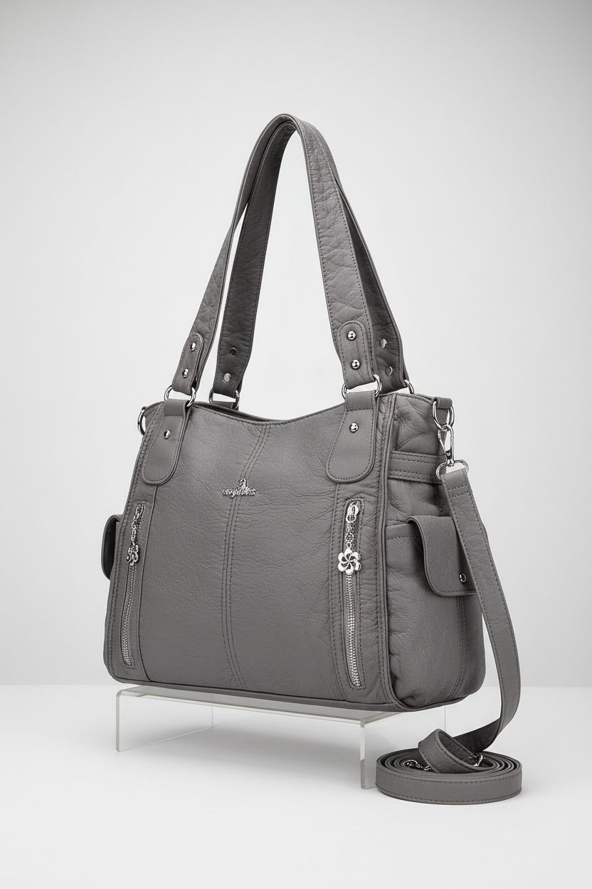 Close-up of Angel Kiss grey handbag showcasing multiple pockets and quality materials.