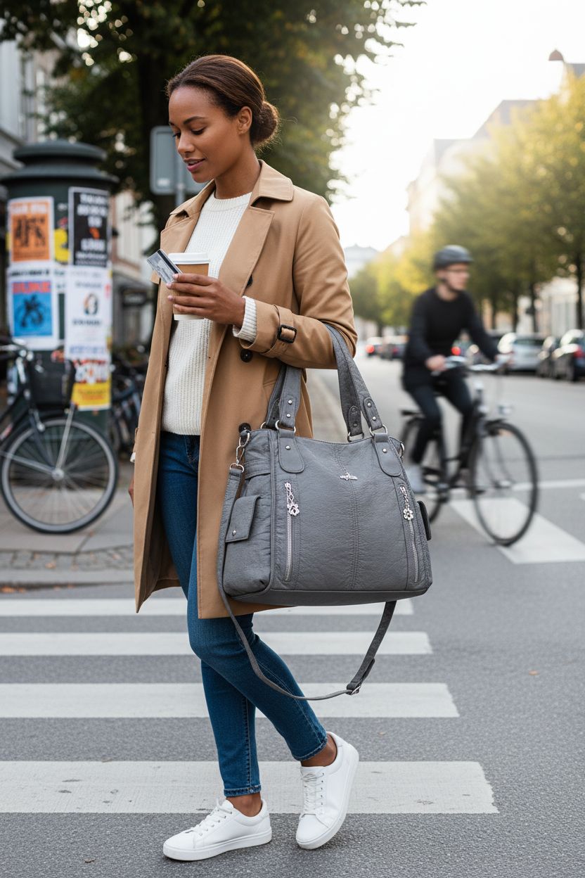 Angel Kiss grey shoulder bag with exterior pocket on a busy street, perfect for daily use.