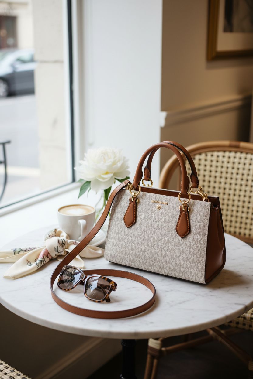 Michael Kors Marilyn Small Crossbody Bag elegantly displayed with accessories in a boutique.