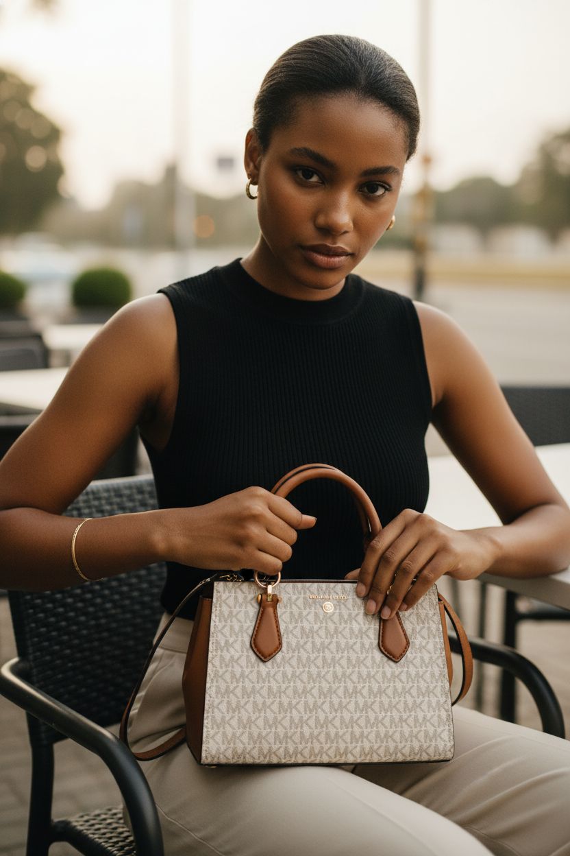 Michael Kors Marilyn Small Crossbody Bag with gold-tone hardware in a stylish café setting.