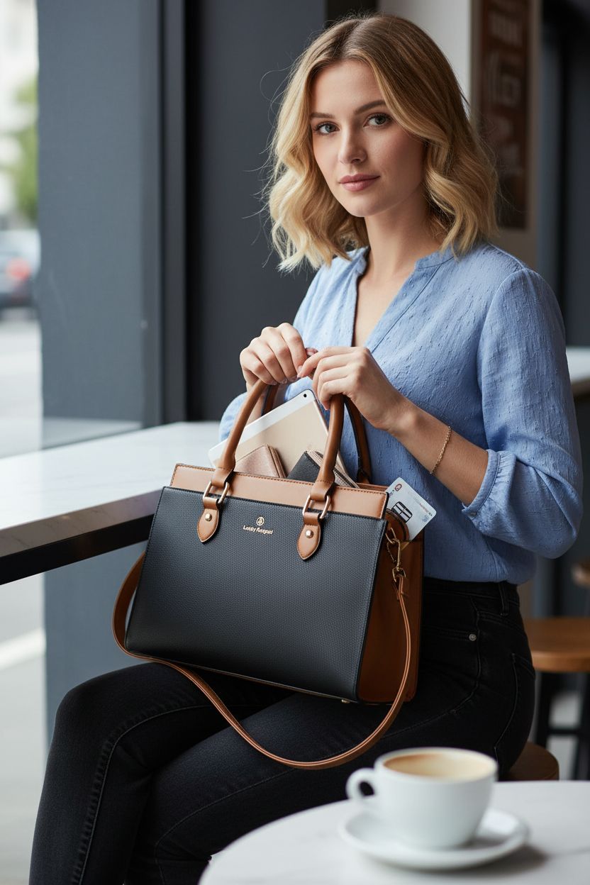 KURGOOL designer tote purse in black and brown, showcasing multiple pockets and compartments