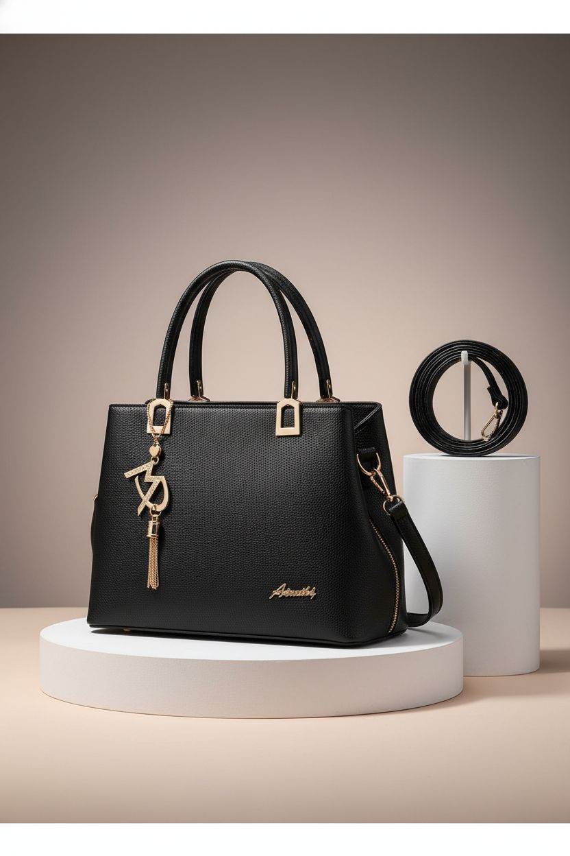 Product shot of the ToLFE black designer satchel bag, emphasizing texture and design details on a minimal set.