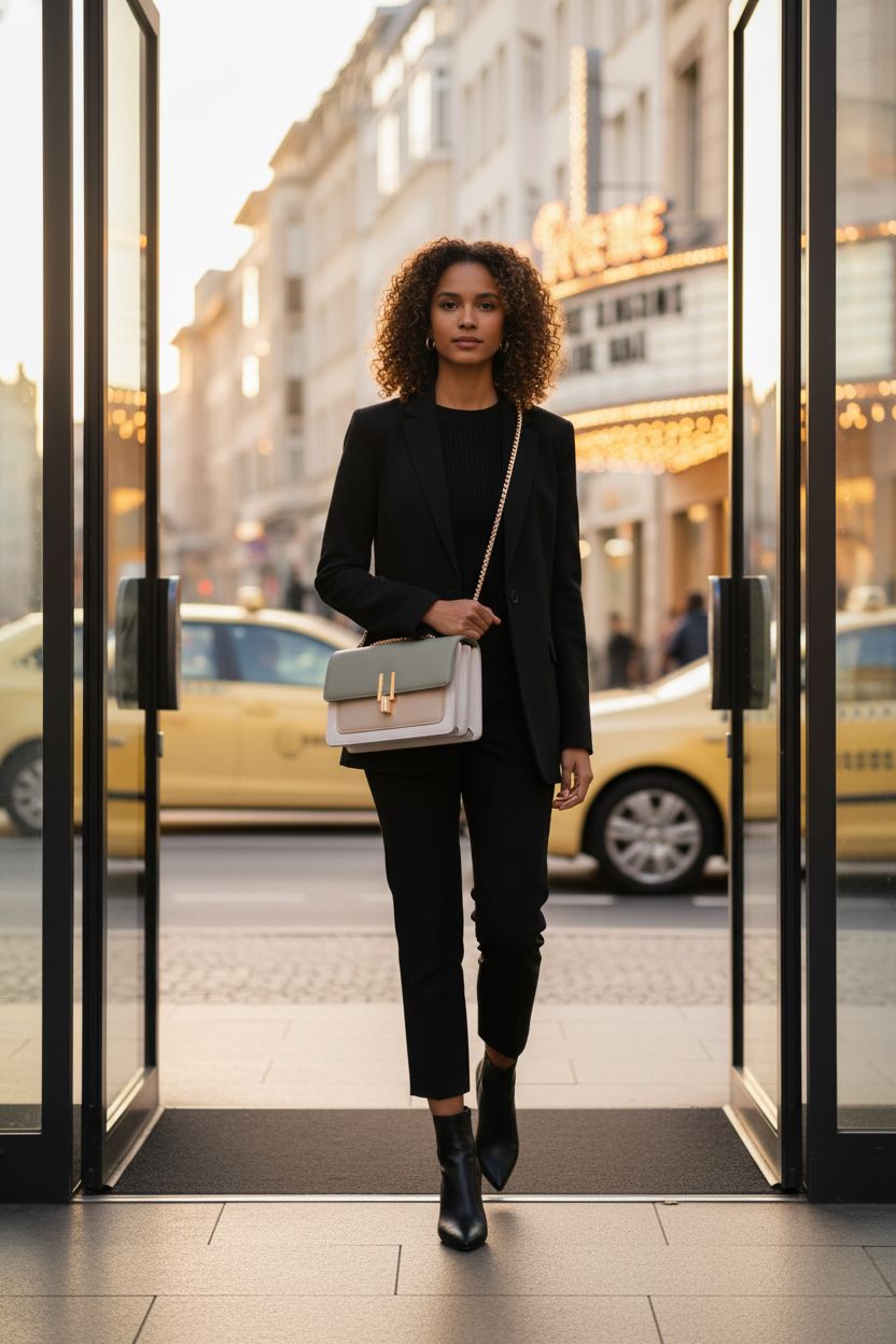 Crossbody bag in sage and beige color-block design by TOP BAND, styled with chic monochrome outfit.