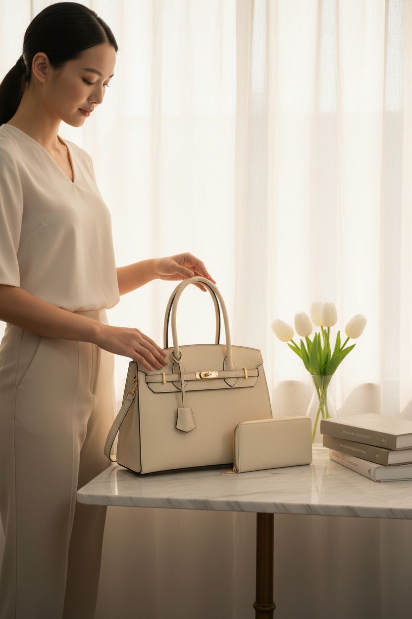 Nymera handbag on a marble table beside tulips, showcasing its structured design.