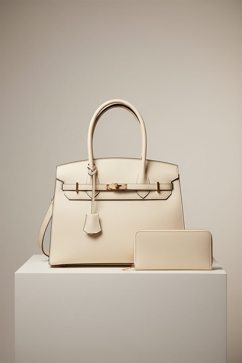 Nymera designer handbag in ivory beige on a minimal plinth, highlighting its clean lines.