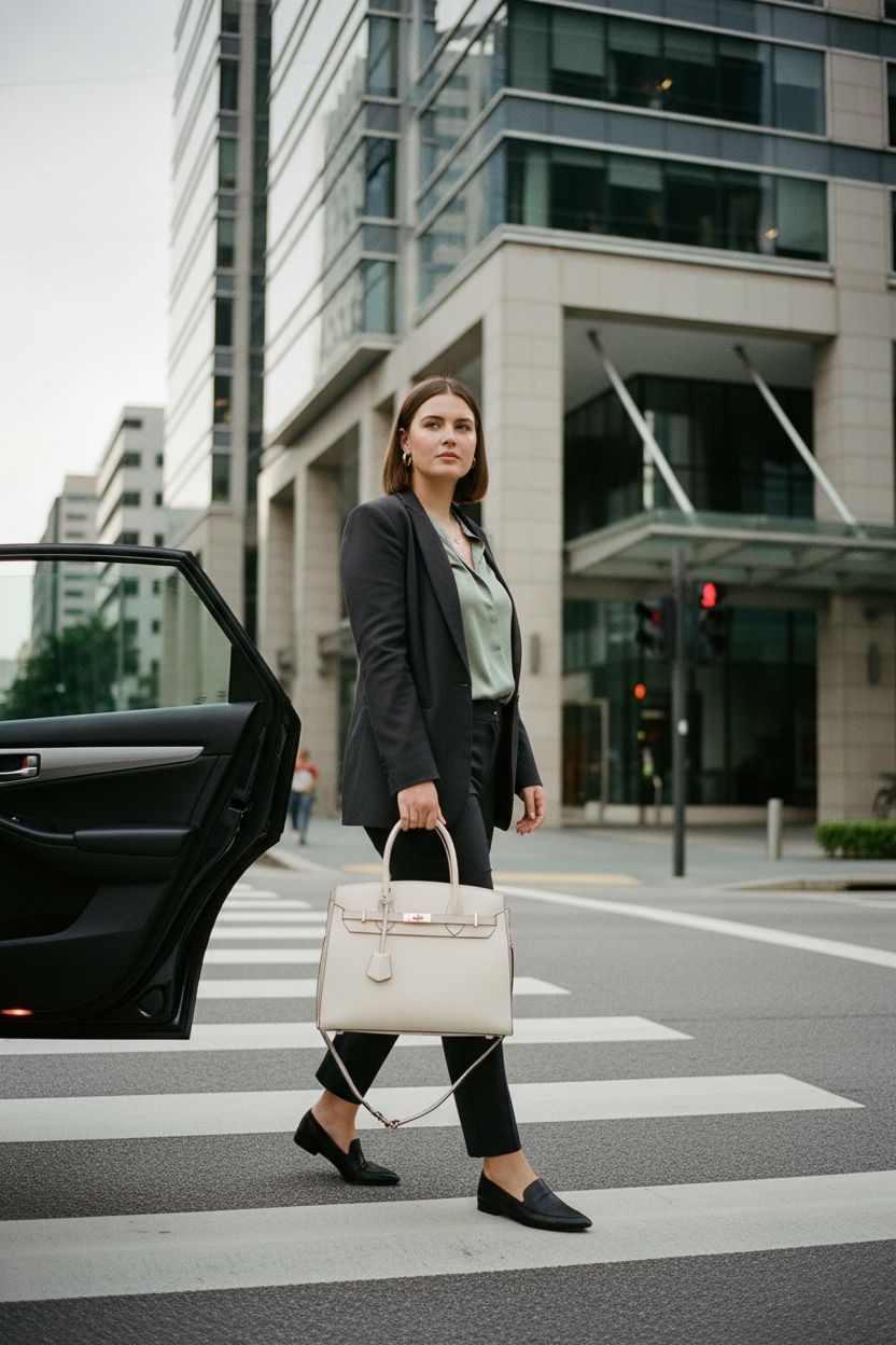 Nymera ivory beige satchel held by the top handles, perfect for morning commutes.