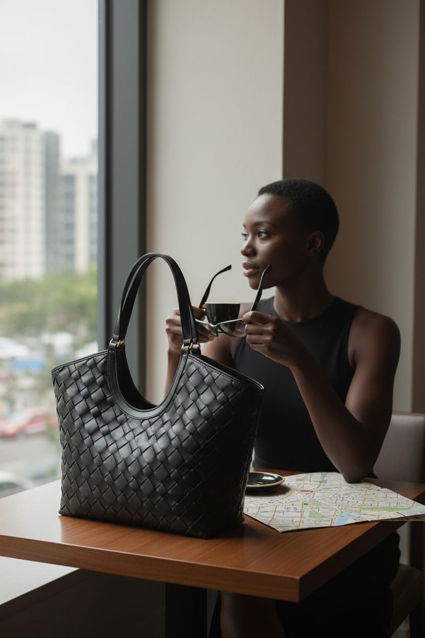 Joryin black woven tote bag resting at café with coffee and map