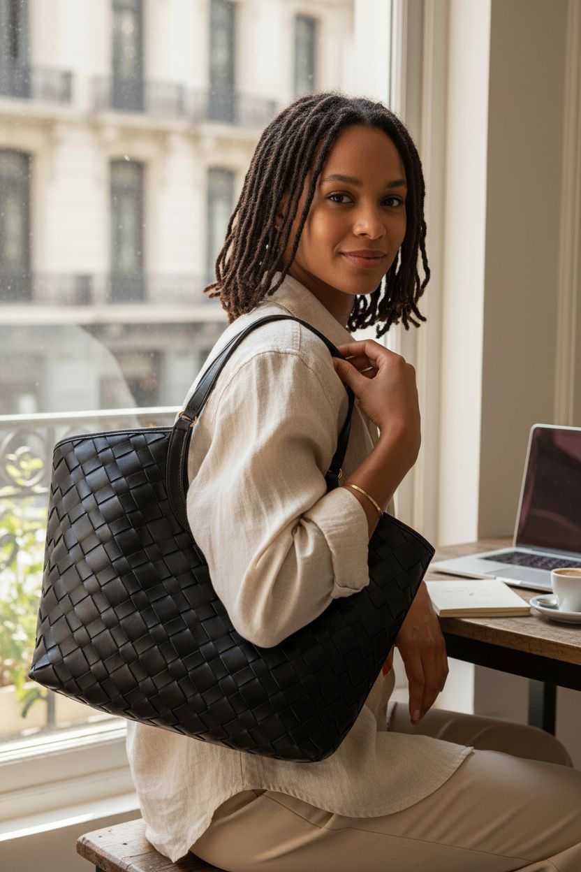 Joryin black braided shoulder bag showcased at café with laptop
