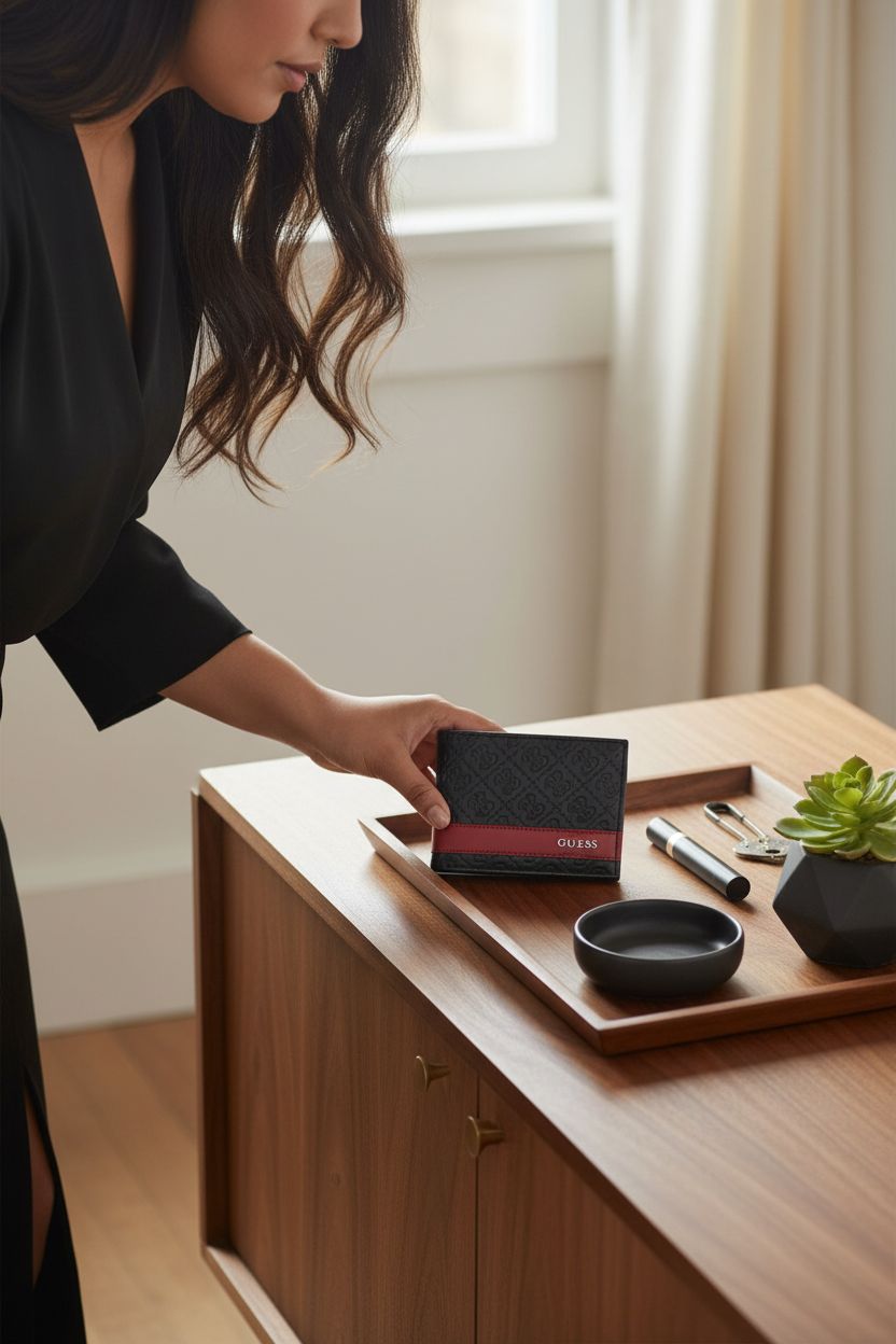 Elegant GUESS Men's Leather Wallet displayed on a walnut tray, highlighting its refined design.