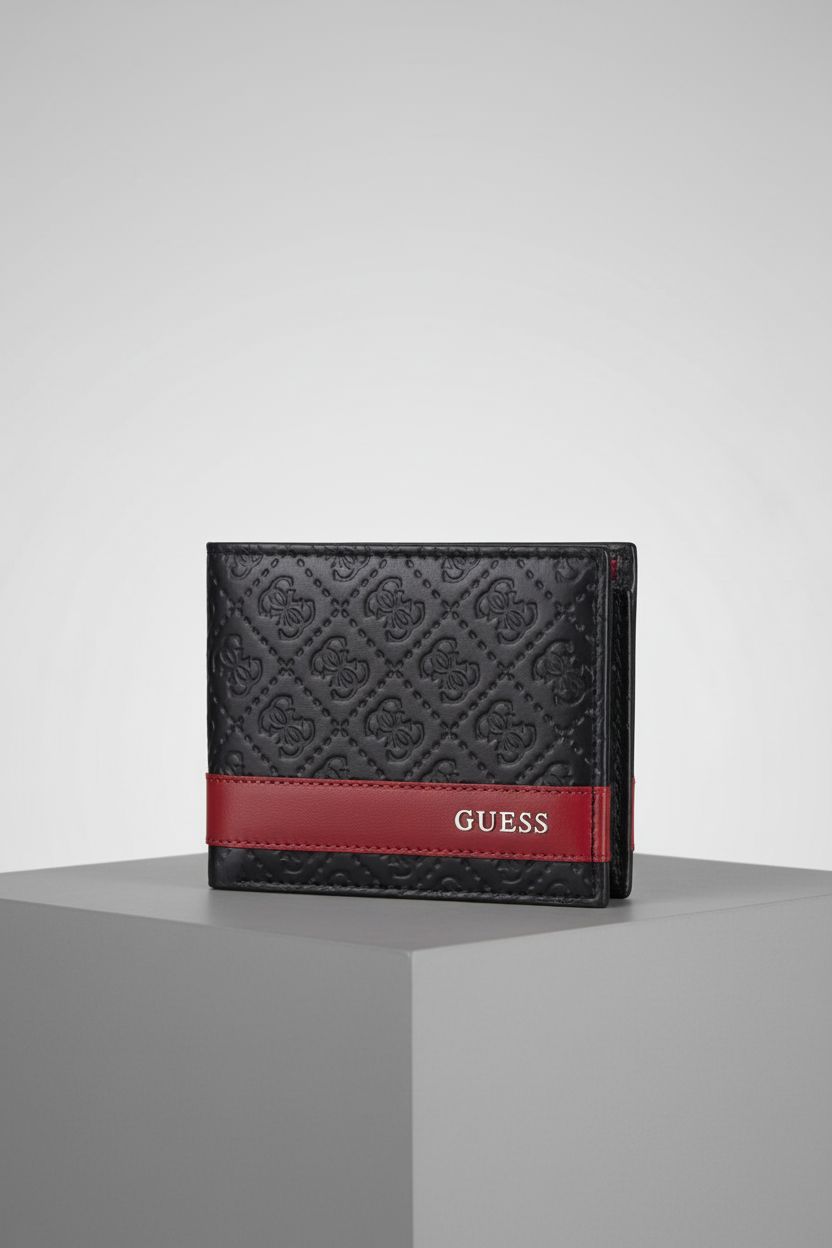 GUESS Men's Leather Slim Bifold Wallet on a matte pedestal against a light-grey backdrop, emphasizing quality.