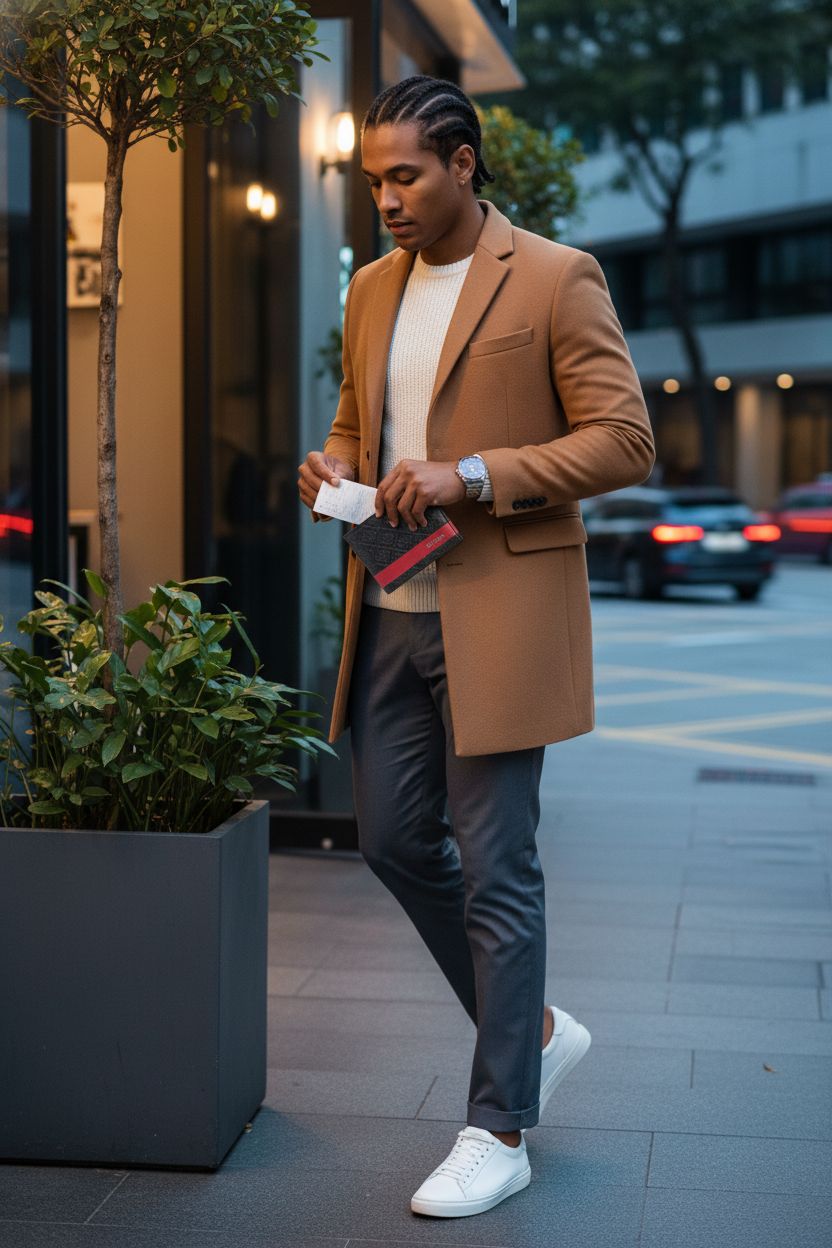 Guess Men's Leather Slim Bifold Wallet in black with red stripe, stylishly placed during golden hour.