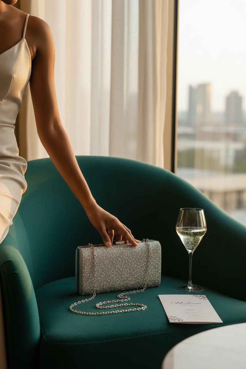 Kigeli silver rhinestone clutch on emerald velvet, perfect for a sophisticated evening lounge.
