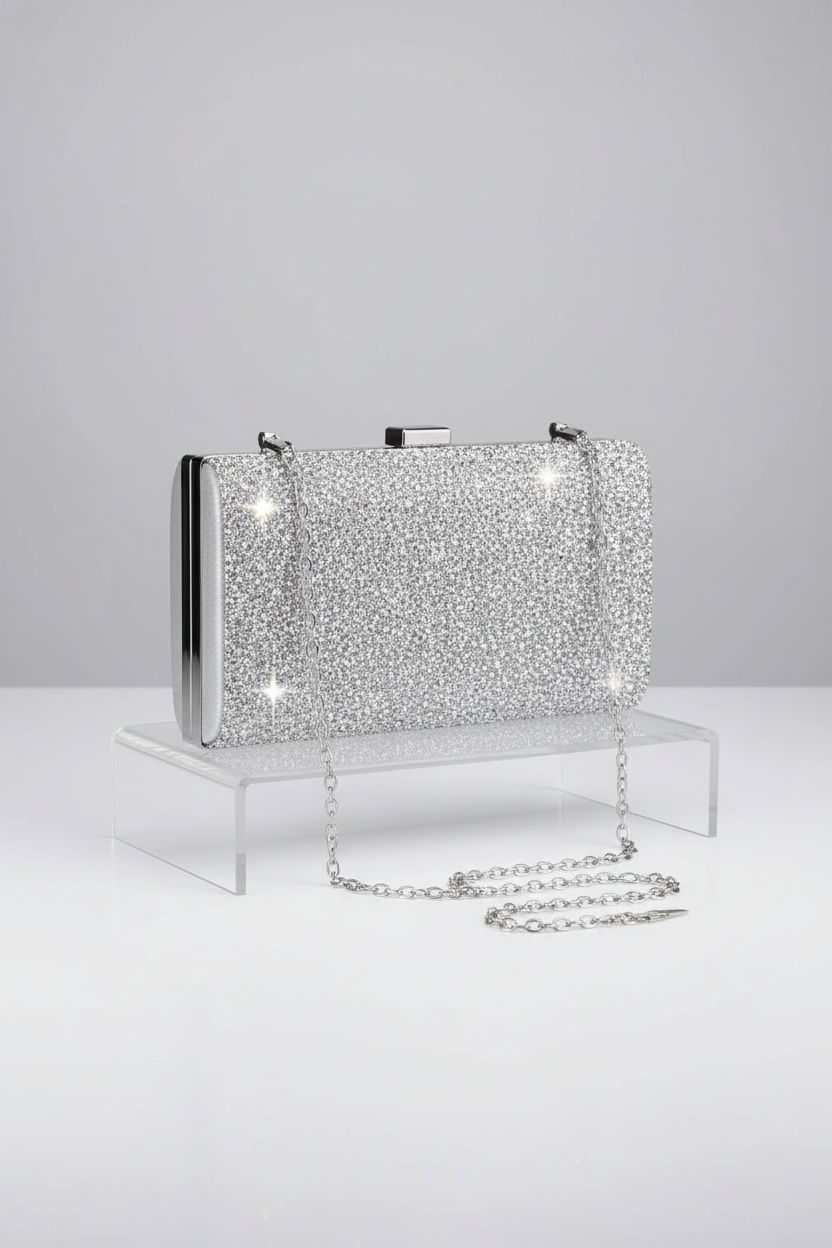 Kigeli silver rhinestone clutch displayed on a sleek riser, showcasing its elegant design and sparkle.