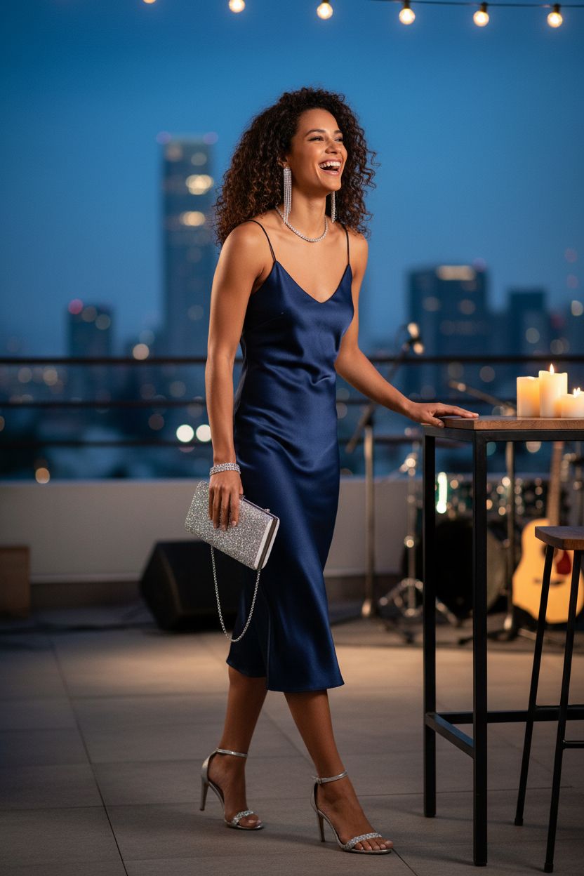 Silver rhinestone evening clutch by Kigeli, styled with a navy satin dress, perfect for weddings.