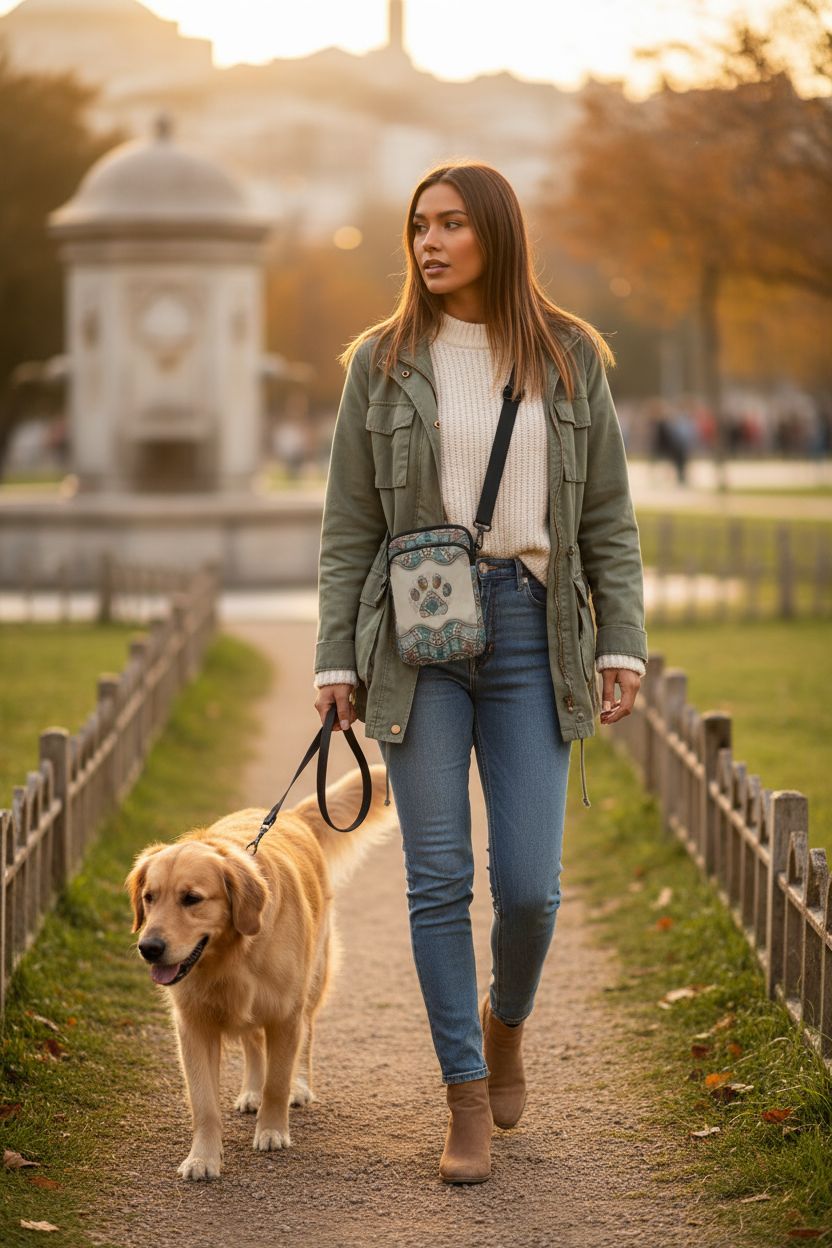 WELLFLYHOM crossbody bag with earthy teal paw print, perfect for autumn outings