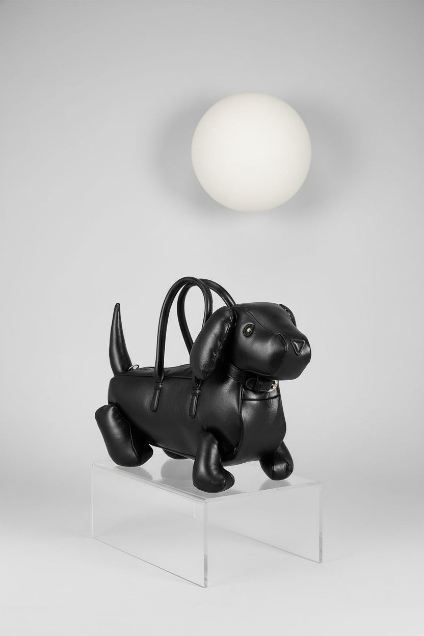 Product shot of black dog-shaped purse by generic, showcasing its PU leather details.