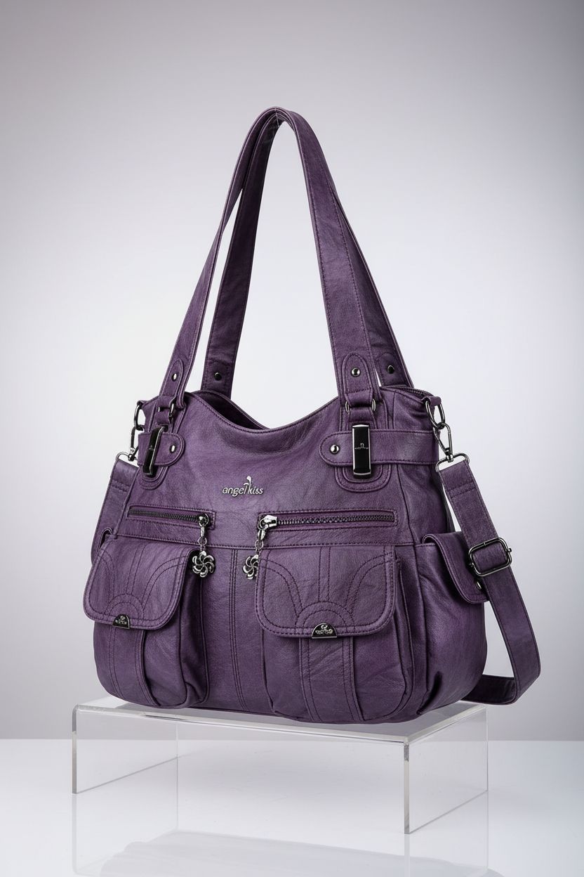 Angel Kiss purple handbag on a clear display, highlighting its quality and Y2K design.