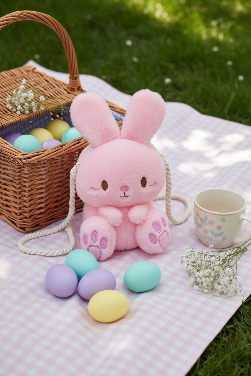 Plush pink bunny bag among dyed eggs and florals at a dreamy Easter picnic in a meadow